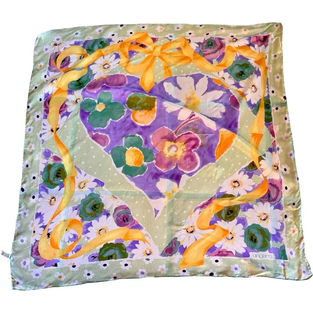 Vintage Ungaro Silk Floral Scarf 1990s Purple Green Yellow Square 34x34